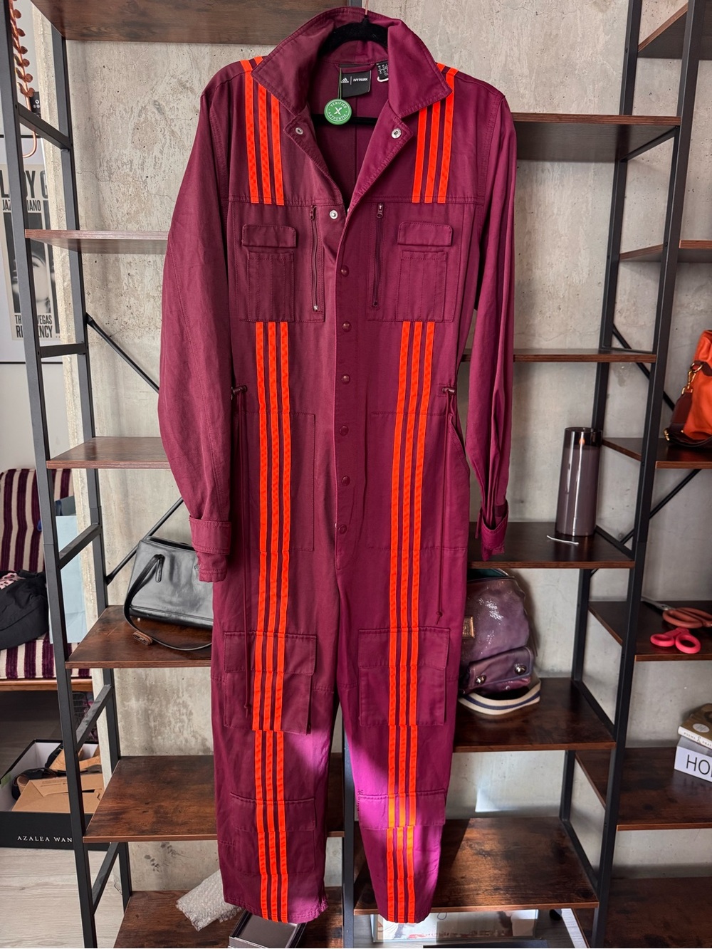 IVY PARK X Adidas Burgundy Jumpsuit Orange Adidas Stripes! Size MEDIUM - NWT!